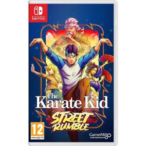 Na obrazku widnieje pudełko gry The Karate Kid Street Rumble na konsole Nintendo Switch. Na ilustracji okładki gry widać głównego bohatera, który wykonuje ruch karate. Wokół niego widać inne postaci również gotowe w opozycja bojowych. Nad nimi widać mistrza Karate. Pod postaciami widać logo tytuł gry The Karate Kid : Street Rumble.