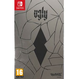The image shows the box of the Ugly game for the Nintendo Switch console. It is all silver and has irregular dark lines, and a hole in the middle - it is supposed to resemble a broken window. Above the hole you can see the title of the game Ugly.  