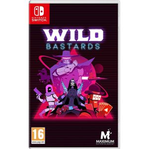 The image shows the box for the game Wild Bastards for the Nintendo Switch console. The illustration shows the characters, arranged in a group in the center of the illustration. The group has purple and red silly shades with one exception of navy blue. Around them is the color black. Below them is the title of the game Wild Bastards.    