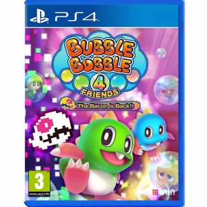 The image shows the box for the Bubble Bobble 4 Friends The Baron is Back game on the PS4 console. The illustration shows the covers of the characters from the Bubble Bobble 4 Friends The Baron is Back game. The background is purple and full of the game's iconic bubbles. Above the characters is the title Bubble Bobble 4 Friends The Baron is Back