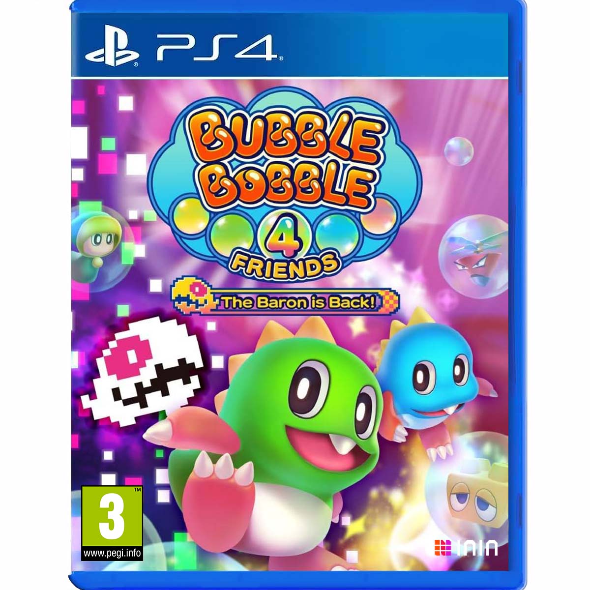 Na obrazku znajduje się pudełko gry Bubble Bobble 4 Friends The Baron is Back na konsole PS4. Widać na ilustracji okładki bohaterów z gry Bubble Bobble 4 Friends The Baron is Back. Tło jest koloru fioletowego i pełny jest od ikonicznych w grze bąbelków. Nad postaciami jest tytuł Bubble Bobble 4 Friends The Baron is Back