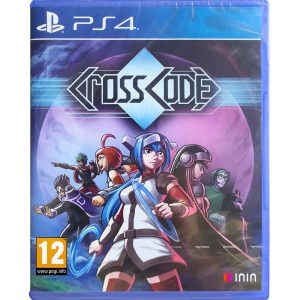 Obrazek pokazuje pudełko gry Crosscode na konsole PS4. Ilustracja ukazuje postacie z gry Crosscode. Okładka jest w kolorach błękitu i fioletu. Nad postaciami, którzy ukłądają się w strukturę U znajduje się tytuł Crosscode.