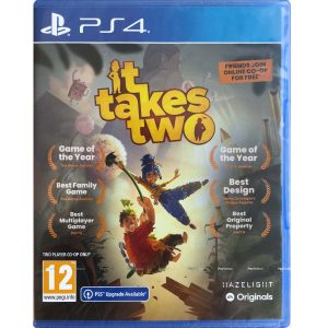 The image shows the box for the game It Takes Two on the PS4 console. The illustration of the game features two characters from the game It Takes Two. Both are holding a flower like an umbrella while falling into the abyss. Around them are many broken elements such as wooden beams. Above them you can see the words It Takes Two.    