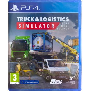 The image shows the box of the game Truck And Logistics Simulator for the PS4 console. The cover image shows 4 machines, including two trucks. At the top is the title of the game Truck And Logistics Simulator.