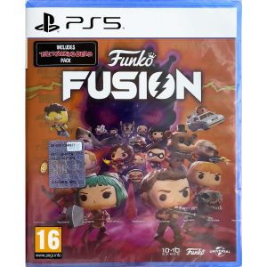 The image shows a Funko Fusion game box for the PS5 console with a sticker in the upper left corner with information about The Walking Dead Pack. The cover illustration shows animated Funko Pop! figures, which are apparently ready for battle and are storming towards the viewer. The background is dark pink, red and orange. Behind the figures is a purple skull. Above them appears the white title of the game Funko Fusion.    