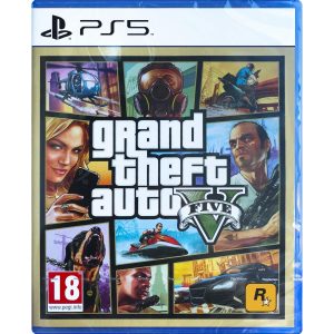 Na obrazku widać pudełko gry Grand Theft Auto V GTA 5 gra na konsole PS5. Jest ona podzielona w nieregularne części przypominające prostokąty. o nieregularnych bokach. W rzędzie górnym są 3 części: z helikopterem, z mężczyzną w masce ochronnej. motocyklista z bronią. Na środku występuje tytuł gry Grand Theft Auto V (w skrócie GTA 5) a po bokach występuje kobieta z telefonem a po prawej mężczyzna z bronią. Niżej można zauważyć szczekającego psa, jednego mężczyznę na skuterze wodnym, a drugiego z rewolwerem. Na ostatnim elemencie w prawym dolnym rogu występuje czarne luksusowe auto i obok niego policja.