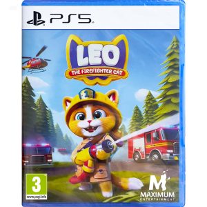 Na obrazku widnieje pudełko gry Leo the Firefighter Catna konsole PS5. Na ilustracji okładki gry Leo the Firefighter Cat widać z przodu głównego bohatera Kota Leo, trzymającego spust węża strażackiego, z którego leci woda. Postać ma ubranie strażackie, a zanim znajdują się wozy strażackie. Nad kotem widać helikopter. W prawym dolnym rogu widać logo z tytułem gry Leo the Firefighter Cat.    