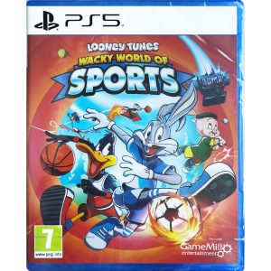 Na obrazku widnieje pudełko gry Looney Tunes: Wacky World of Sports na konsole PS5. Na ilustracji okładki widnieją postacie z gry Looney Tunes: Wacky World of Sports na czerwonym tle. W centrum widać Królika Bugsa z piłką nożną i Kaczora Daffy'ego z piłką do koszykówki. Nad nimi znajduje się tytuł gry Looney Tunes: Wacky World of Sports.   