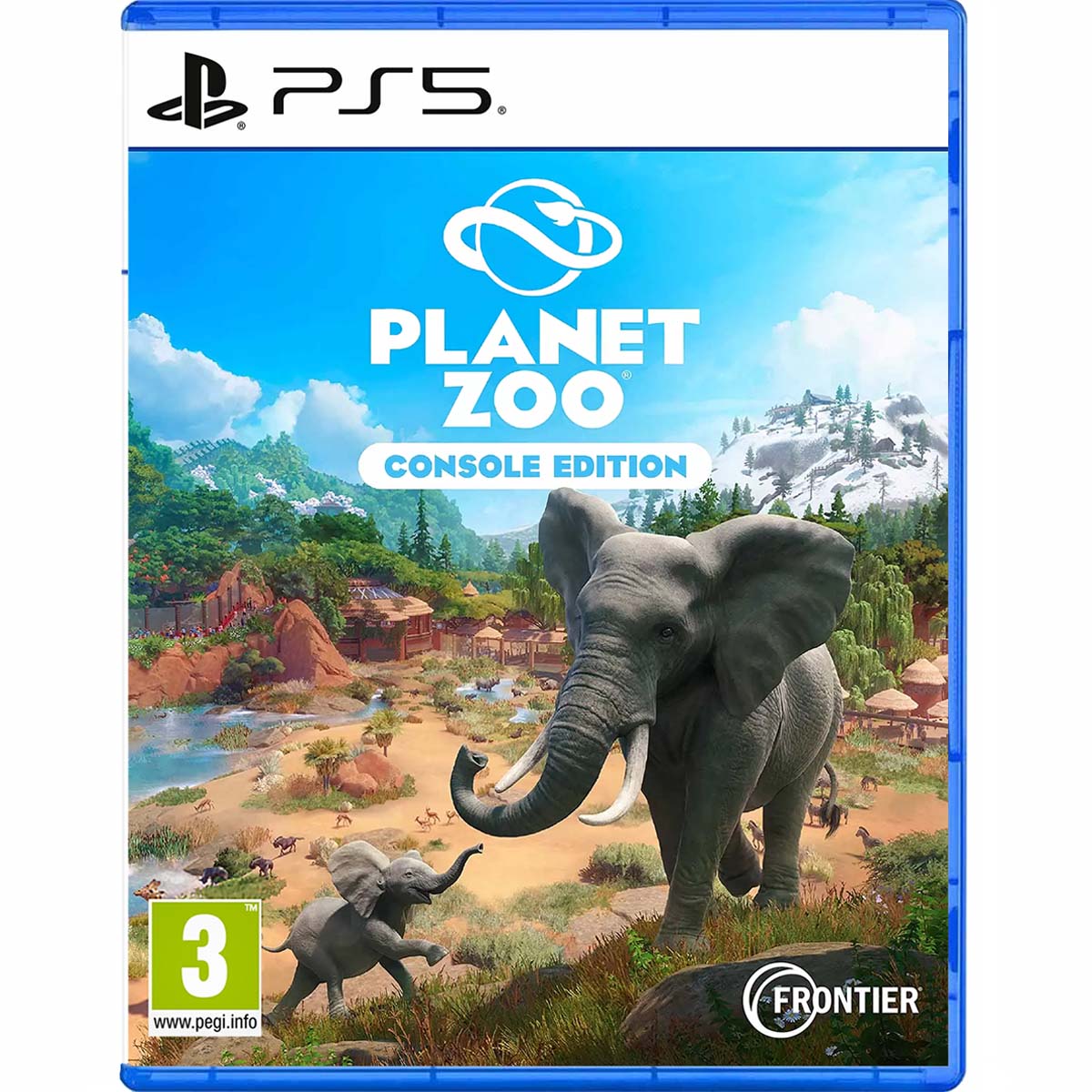 Obrazek ukazuje pudełko gry Planet Zoo Console Edition na konsole PS5. Widać na ilustracji tereny górzyste pełne piaski, w oddali widać zielone terany a po lewo zbiornik wodny. Na pierwszym planie można zauważyć dużego słonia po prawej i po lewej dziecko słonia. Na klarownym niebie widać tytuł gry Planet Zoo Console Edition.
