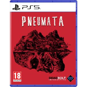 The image shows the box for the game Pneumata for the PS5 console. The cover illustration is black and red. On the red background you can see black mountains and under them a face in profile facing the viewer. The illustration gives the impression that the mountains are growing out of the back of the head. At the top you can see the title of the game Pneumata.