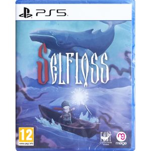 The image shows the box of the game Selfloss for the PS5 console. The cover illustration is all in shades of blue. At the top, you can see a whale flying like a bird, and at the bottom, a river with an old man on a boat. A light flashes next to the figure. Branches can be seen around the river. Between the whale and the old man is the title of the game Selfloss.     
