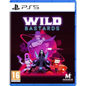 The image shows the box for the PS5 game Wild Bastards. The illustration shows the characters, arranged in a group in the center of the illustration. The group has purple and red silly shades with one exception of navy blue. Around them is the color black. Below them is the title of the game Wild Bastards.    