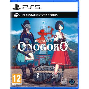 The image shows the box of the game The Tale of Onogoro for the PS5 console. The cover illustration shows two characters - a boy and a girl. The boy has his back to the viewer and looks at the girl from the corner of his eye, and the girl is standing and looking towards the viewer. The boy has armor on his chest and face and is holding a sword, and the girl dressed in a red dress has a robot's left hand. Between them on the ground there is a sword stuck in a boulder. and higher up, closer to the center of the illustration, you can see the title of the game The Tale of Onogoro and above it the red shape of a girl in a dress aiming at a target with a bow. Behind them you can see mountains.