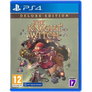 Na obrazku widać pudełko gry The Knight Witch Deluxe Edition na konsole PS4. Na ilustracji okładki na środku niej można zauważyć bohaterów z gry The Knight Witch Deluxe Edition. Wyłaniają się z jasno zielonego tła. Na samej górze widać tytuł gry The Knight Witch Deluxe Edition.