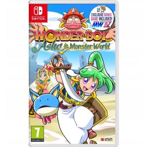 The image shows the box for the Nintendo Switch game Wonder Boy Asha in Monster World. It features the characters from Wonder Boy Asha in Monster World. They appear in a desert setting, with the title Wonder Boy Asha in Monster World visible in the bright sky.  
