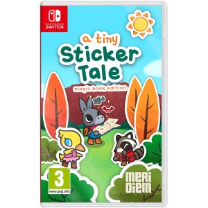The image shows the game A Tiny Sticker Tale Magic for the Nintendo Switch console. The cover illustration shows the main character holding a book, from which stickers of a bed and a crab fly out. You can also see other secondary characters on his left a duck and on his right a raccoon. Around them are bushes and trees in orange and green. Above them is a clear sunny sky, where you can see the title of the game A Tiny Sticker Tale Magic, and below it the information: magic book edition.    
