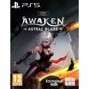 The image shows the box of the game Awaken Astral Blade Tania's Edition for the PS5 console. The illustration shows the main character of the game Awaken Astral Blade Tania's Edition - the titular Tania. She is in a fighting pose - hands on her sides and legs wide apart. In one hand she holds a large yellow sword. The background is gray. The heroine has a black outfit that covers her left leg and torso with arms. The armor reveals her shoulders, cleavage, and left hand. Above her is the title of the game Awaken Astral Blade Tania's Edition.       