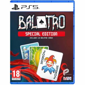 Na obrazku widać pudełko gry Balatro Special Edition na konsole PS5. Na ilustracji widać 3 karty Joker, ułożona jedna z tyłu drugiej, rzędem od lewej do prawej.Pod nimi widać ogień. Tło jest granatowo bordowe i na jego tle na górze widać tytuł gry Balatro Special Edition.  