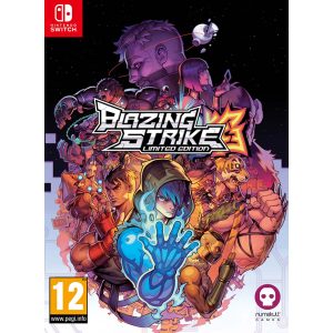 The image shows the Blazing Strike Limited Edition game box. The game is for the Nintendo Switch console. The cover illustration shows characters from the Blazing Strike - Limited Edition game - all in combat posture. In the middle, you can see the title of the game Blazing Strike - Limited Edition.   