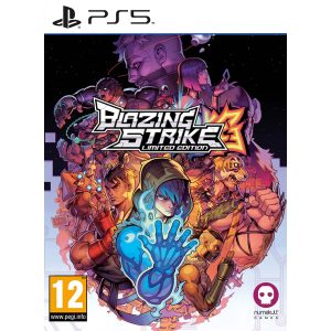 The image shows the Blazing Strike Limited Edition game box. The game is for the PS5 console. The cover illustration shows characters from the Blazing Strike - Limited Edition game - all in combat posture. In the middle you can see the title of the game Blazing Strike - Limited Edition.   