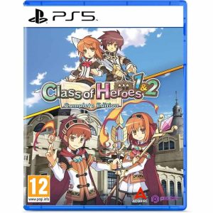 The illustration inspired by the cover of Class of Heroes 1 and 2 Complete Edition shows the two main characters – a red-haired girl and a brunette – in two versions. On the left side, we see them in black and white outfits with gold and swords in their hands. On the right, they are in more dignified, white, orange and black costumes with gold details and burgundy capes, holding ornate staffs with gemstones, and have black and burgundy headbands on their heads.   