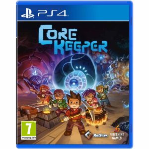 The image shows the box for the Core Keeper game on the PS4 console. The illustration shows characters performing tasks needed in the settlement. In the center is a character with a pickaxe, looking at the viewer. To his right are two characters - one closest to him is cooking and another is fishing. To the left is a person melting metal, and another is sitting on a mine cart with a sword outstretched. Above them all is the title of the game Core Keeper.