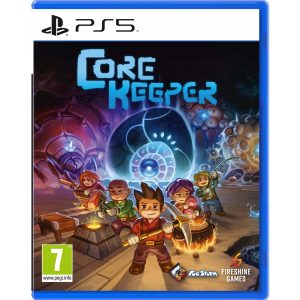 The image shows the box for the Core Keeper game on the PS5 console. The illustration shows characters performing tasks needed in the settlement. In the center is a character with a pickaxe, looking at the viewer. To his right are two characters - one closest to him is cooking and another is fishing. To the left is a person melting metal, and another is sitting on a mine cart with a sword outstretched. Above them all is the title of the game Core Keeper.