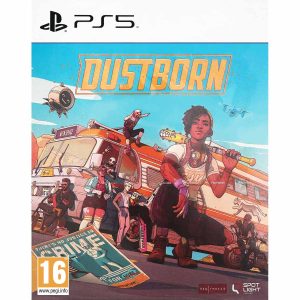 The image shows the box for the PS5 game Dustborn. The cover illustration shows the characters of the game Dustborn, against the background of an orange and cream bus. The character in the foreground is crouching, staring at the viewer and has a baseball bat resting on his shoulder. In the background is the bus with other characters who are leaning against it or sitting on it. Most of them have their own instruments with them. In the foreground, on the left side, you can also see the cover of a crime newspaper. In the clear sky, on the left side, you can see a flying robot, and on the right side, a helicopter. Between the flying objects, you can see the title of the game Dustborn.       