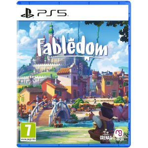 The image shows a box for the PS5 game Fabledom. The illustration shows a city full of people. Behind it, a castle looms on a hill, and the title of the game Fabledom is in the background. At the bottom, you can see a small bridge over a river that leads to a green area. In this green area, the foreground of the illustration, you can see a figure heading to the bridge and pointing his finger forward.    
