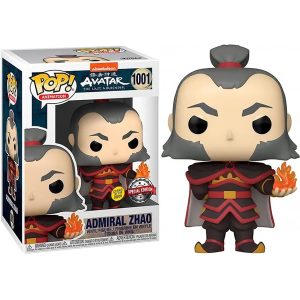 Na obrazku znajduje się pudełko z zabawka figurka Funko Pop! Animation : Avatar - Admiral Zhao z kulą ognia (Świecący w ciemnościach) 1001, a po jego prawej znajduje się sama zabawka figurka Funko Pop!  Animation : Avatar - Admiral Zhao with Fireball (Glow in the Dark) 1001