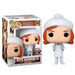The image shows a box with a Funko Pop! Television : The Queen's Gambit - Beth Harmon Final Game #1123 figure/toy inside, and to the right of it is the Funko Pop! Television : The Queen's Gambit - Beth Harmon Final Game #1123  