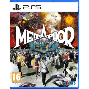 The image shows the box of the game Metaphor: ReFantazio for the PS5 console. The colors of the cover are predominant in the illustration of gray and orange. There are characters from the game on it. They are crowds of viscous on the horizon. In the front are the main characters of the game Metaphor: ReFantazio. In the middle is the title of the game Metaphor: ReFantazio.     