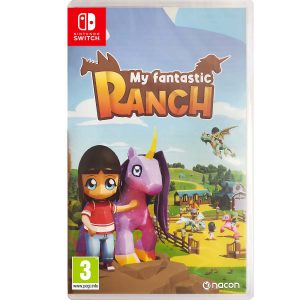 Na obrazku widnieje pudełko gry My Fantastic Ranch na konsole Nintendi Switch. Po lewej stronie widać dziewczynkę z jednorożcem. W tle widać ramę/ranczo, gdzie ćwiczą i latają smoki i jednorożce.. Na jasnym niebie widać tytuł gry My Fantastic Ranch.