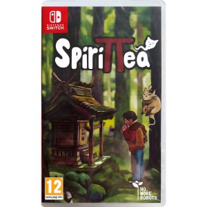 The image shows the box for the game Spirittea for the Nintendo Switch console. The cover illustration shows a boy praying in the forest to a small wooden structure on the left side of the illustration on the right. A cat is visible above him. The game title Spirittea is visible above them.   