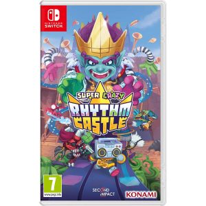 The image shows the box for the Super Crazy Rhythm Castle game for the Nintendo Switch console. In the center is the title of the game Super Crazy Rhythm Castle and around it are characters from the game, including a character with a crown on top of the logo, who is ominously reaching towards the center with his hands.  