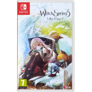 The image shows the box of the game WitchSpring3 [Re:Fine] - The Story of Eirudy for the Nintendo Switch console. The illustration shows a girl crouched on the ground. Around her are small creatures and on the left one large one resembling a wolf. At the top is the title of the game WitchSpring3 [Re:Fine] - The Story of Eirudy.   