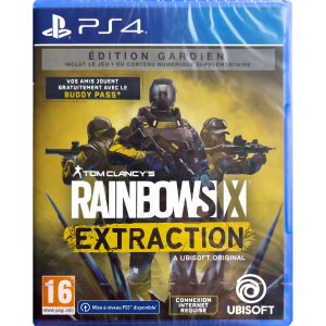 The image shows the box of the game Tom Clancy's Rainbow Six: Extraction Guardian Edition for the PS4 console. The illustration shows three armed characters. All of them have protective clothing with helmets. Behind them is yellow smoke. In the center is the title of the game Tom Clancy's Rainbow Six: Extraction, and above the characters is an emblem with information about the edition of the game: Guardian Edition.    