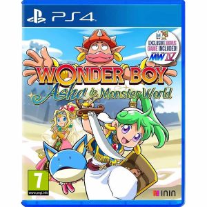 Na obrazku widać pudełko gry Wonder Boy Asha in Monster World na konsole PS4. Widać na niej postaci z gry Wonder Boy Asha in Monster World. Występują oni na pustyni, gdzie na jasnym niebie widać tytuł gry Wonder Boy Asha in Monster World.