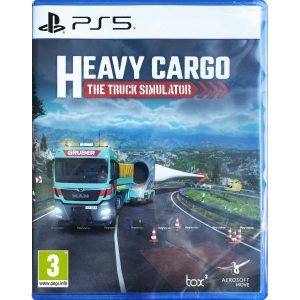 The image shows the box of the game Heavy Cargo: The Truck Simulator for the PS5 console. The cover illustration shows a truck carrying a large bulky cargo. It appears on an asphalt road located near the mountains. The vehicle is driving towards the viewer from the distance. The truck's driving lane is on the left and on the right is a footbridge with warning cones placed around it. At the top, in the cloudy sky, you can see the title of the game Heavy Cargo: The Truck Simulator.     