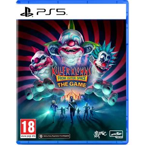 The image shows the box for the PS5 game Killer Klowns from Outer Space: The Game. The image shows 3 smiling clowns. Below them, you can see two hands reaching out towards the people running towards the viewer at the very bottom of the illustration. The clowns on the cover are unnaturally large and between the extended pair of hands you can see the title of the game Killer Klowns from Outer Space: The Game.   