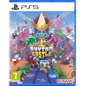 The image shows the box for the Super Crazy Rhythm Castle game for the PS5 console. In the center is the title of the game Super Crazy Rhythm Castle and around it are characters from the game, including a character with a crown on top of the logo, who is ominously reaching towards the center with his hands. 