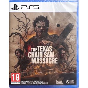 Na obrazku widać pudełko gry The Texas Chain Saw Massacre na kosnole PS5. Na ilustracji widać na środku postać z piłą mechaniczną w rękach. Na wysokości trzymającej przez postać maszyny widać tytuł gry.The Texas Chain Saw Massacre. Po jego dwóch stronach widać dwie postaci, a niżej wdać dom.