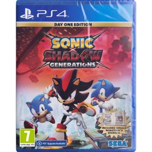The image shows the box for the PS4 game Sonic X Shadow Generations Day One Edition. The illustration shows two versions of Sonic on the left - the older one and the newer one on the right. In the middle is the character Shadow. All the characters run towards the viewer on turquoise and silver platforms. Behind them you can see fauna, and above them a red sky, on which is the title of the game Sonic X Shadow Generations Day One Edition.    