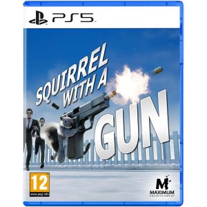 The image shows the box of the game Squirrel with a Gun for the PS5 console. The illustration shows a squirrel - the main character of the game Squirrel with a Gun. The squirrel is leaning to the right and has a gun from which a bullet shoots. Behind it are two men dressed in suits and sunglasses. Above the gun is the inscription Squirrel with a and under the flying bullet the word Gun.    