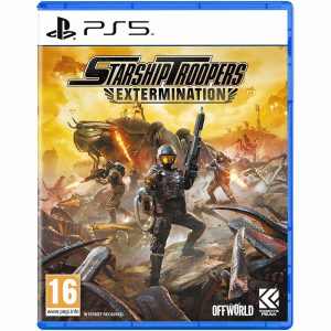The image shows the box for the Starship Troopers: Extermination game on the PS5 console. The cover illustration shows the title of the game Starship Troopers: Extermination at the very top and below it a battle scene between soldiers and enemies (bugs) of the colony on the planet. 