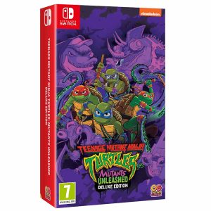 The image shows the box of the game Teenage Mutant Ninja Turtles: Mutants Unleashed Deluxe Edition for the Nintendo Switch console. The illustration shows the main characters of the Teenage Mutant Ninja Turtles - armed and in combat positions. They are placed in the center and below them is the title of the game Teenage Mutant Ninja Turtles: Mutants Unleashed Deluxe Edition. Around them is a purple background from which the enemies of the Teenage Mutant Ninja Turtles emerge.
