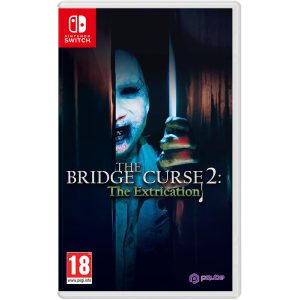 The cover of The Bridge Curse 2: The Extrication for Nintendo Switch features a ghostly figure emerging from behind a slightly ajar door, held in place by an emaciated hand. The apparition smiles with a terrifying black mouth, and instead of eyes, it has dark, disturbing spots. In the center is the game's title - The Bridge Curse 2: The Extrication - emphasizing the dark atmosphere of this story.  