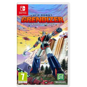 Obrazek ukazuje pudełko gry Grendizer The Feast Of The Wolves na konsole Nintendo Switch. Na ilustracji okładki gry Robot Grendizer The Feast Of The Wolves. Na środku widać robota, głównego bohatera gry Robot Grendizer The Feast Of The Wolves. Perspektywa na niego jest pokazana lekko z dołu. Robot srebrno, czerwono niebieski pokazuje ręką w prawą stronę. Nad nim widać tytuł gry Robot Grendizer The Feast Of The Wolves.     