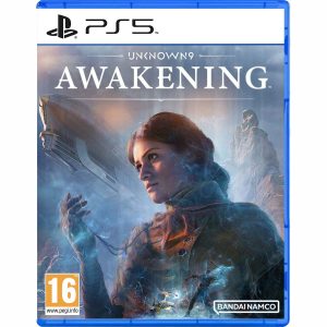 The image shows the box of the game Unknown 9: Awakening for the PS5 console. The cover illustration shows a woman with her hand outstretched and facing left. Behind her, you can see a ship flying to the left. Around you can see rocks and at the bottom of the illustration - at the height of the woman's chest you can see two people around whom you can see blue light smoke. These two characters are fighting each other. At the top, against the sky, you can see the title of the game Unknown 9: Awakening.     