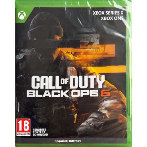 The image shows a Call of Duty Black Ops 6 game box for Xbox One and/or Series X. The game illustration shows a soldier with a black stripe covering his eyes. In the middle is the title of the game Call of Duty Black Ops 6. 